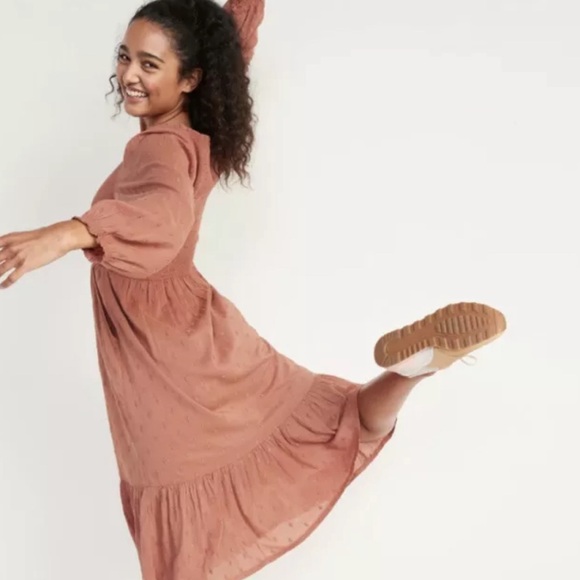 Old Navy Long Sleeve Fit Flare Smocked Midi Dress Brown Rustic Western Farmhouse - Picture 9 of 11